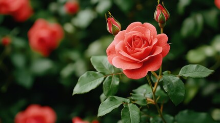 A vibrant coral rose blooms among lush greenery
