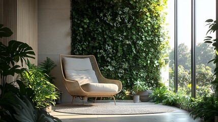 Fototapeta premium A modern living room with a large window, a comfortable chair, and a lush green wall. The room is filled with natural light and plants.
