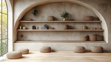Minimalist living room with arched wall, shelves, and cushions.