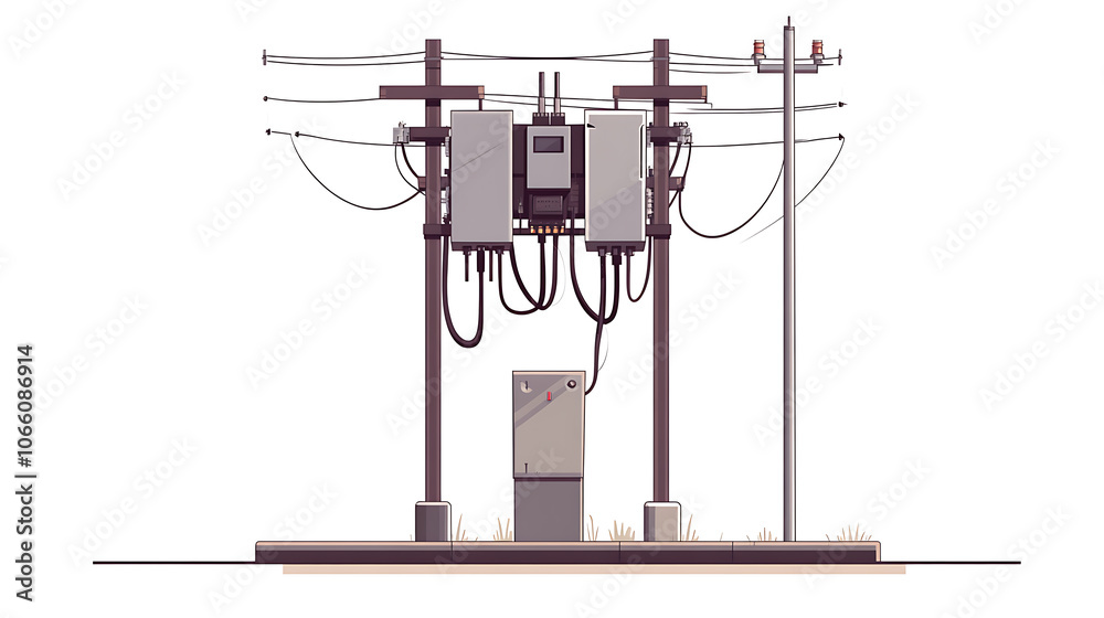 Poster on a white background, flat vector design of cement high voltage electric pole power with transforme