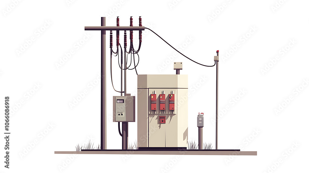 Poster on a white background, flat vector design of cement high voltage electric pole power with transforme