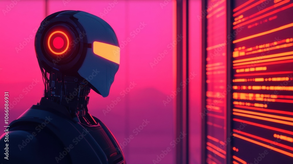 Poster futuristic robot analyzing complex data flow