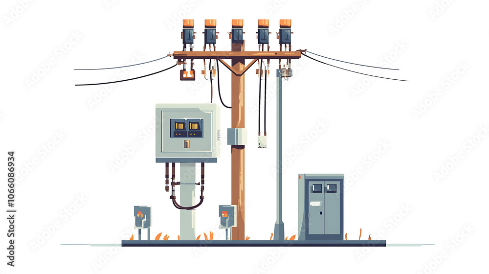Aufkleber on a white background, flat vector design of cement high voltage electric pole power with transforme