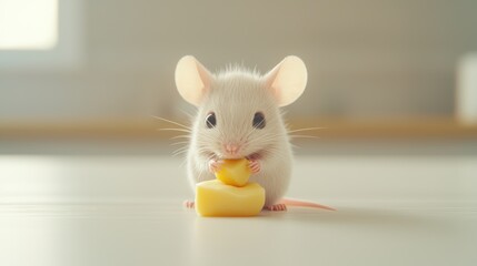 Fototapeta premium A cute white mouse happily munches on a piece of cheese