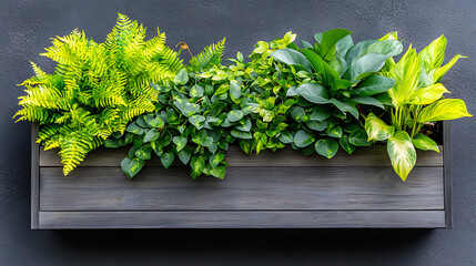 Modern wooden planter box with vibrant green foliage