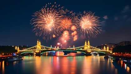 Spectacular fireworks illuminate the night sky over the iconic bridge creating a breathtaking view of the cityscape