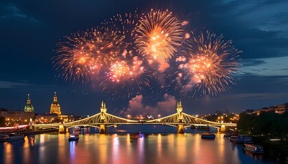 Fototapeta premium Stunning fireworks illuminate the night sky over the iconic bridge in a vibrant festival celebration