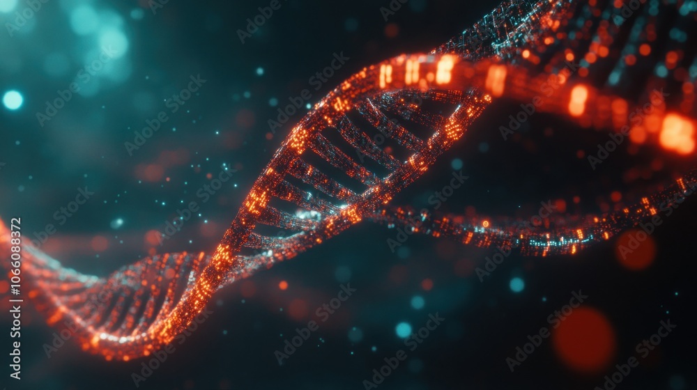 Poster illuminated dna double helix with glowing particles