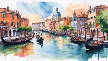 Obraz premium Watercolor painting of a canal in Venice with gondolas and colorful buildings