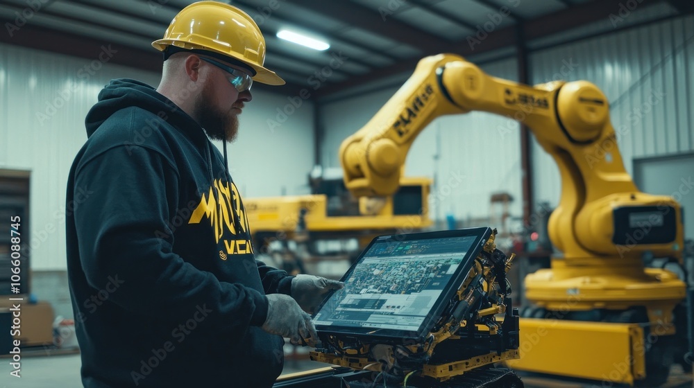 Poster A Worker in a Yellow Hard Hat Operates a Robotic Arm in a Factory Setting