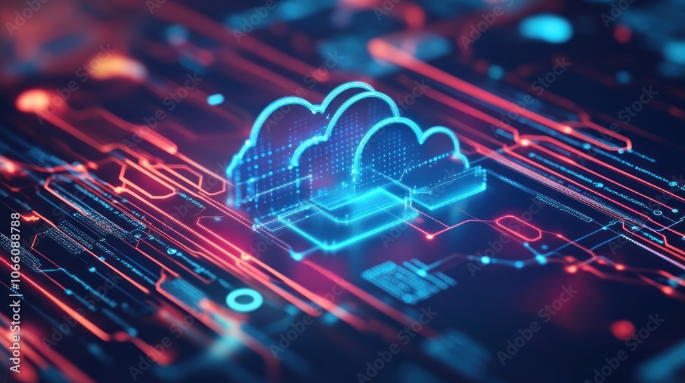Poster digital cloud icon on abstract circuit board with red and blue lighting