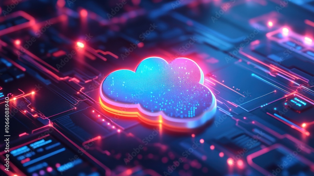 Poster glowing cloud symbol on abstract circuit board
