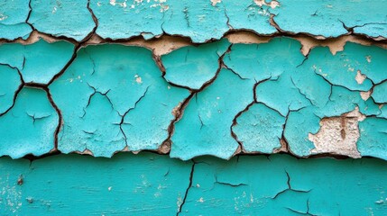 Obraz premium Close-up of cracked and peeling turquoise paint on a wooden surface.