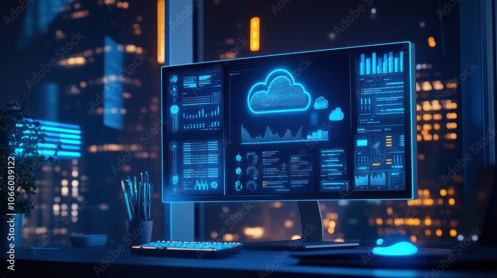 Poster A computer screen displays a blue cloud icon and data charts, symbolizing cloud computing in a nighttime city setting.