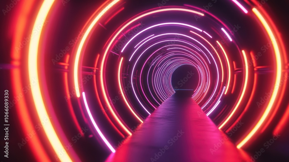 Poster A neon-lit tunnel with a pathway leading to a dark center.