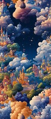 Fototapeta premium A whimsical painting of a village nestled within a forest, bathed in the soft glow of twilight. The path leads upward, suggesting a journey of discovery.