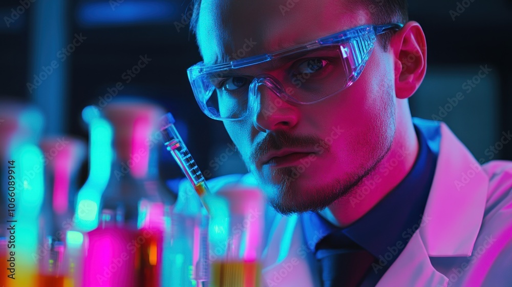 Poster A Close-Up Portrait of a Male Scientist in a Lab with Colorful Test Tubes and a Serious Expression