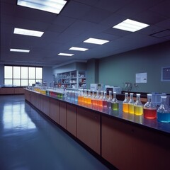 Colorful Laboratory Setup with Glass Beakers and Flasks