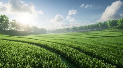 Naklejka premium Green rice field and blue sky with white clouds