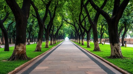 Tree lined Path Leading to Distant Horizon Green Nature Park Pathway Urban Greenery Summer Day