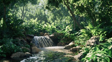 Lush Rainforest with a Tranquil Waterfall and Stream