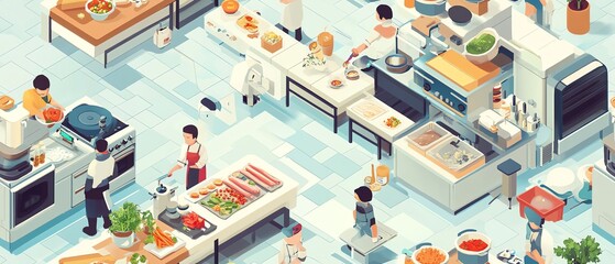 A bustling isometric illustration of a kitchen with chefs preparing food, various ingredients, and a tiled floor.