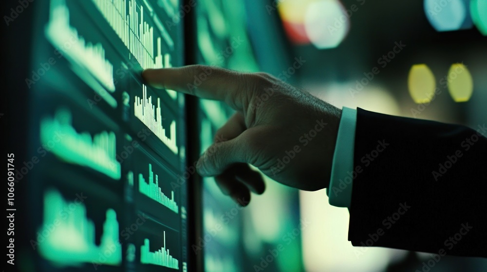 Poster Hand Pointing at Green Data Charts on a Screen