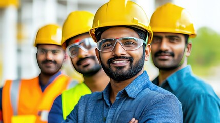 Four construction workers in safety gear, smiling confidently, showcasing teamwork and professionalism at a construction site.
