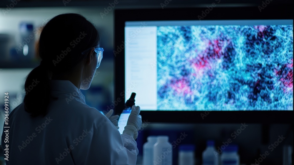 Poster A Scientist in a Lab Coat Examining a Computer Screen with a Microscope