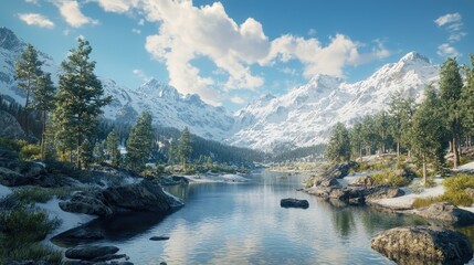 Fototapeta premium Tranquil River Winding Through Snowy Mountains