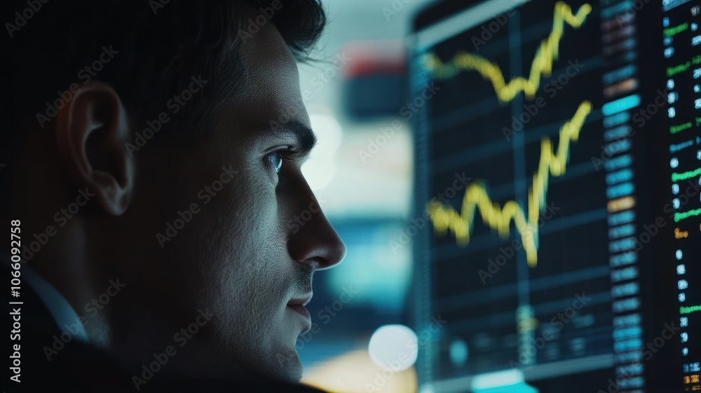 Poster A Man's Profile View Focused on a Computer Screen with a Stock Market Chart