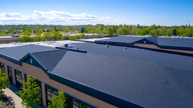Images from a midday drone photo shoot of asphalt shingles and TPO on commercial roofs, Sunny, Outside, Strip Mall, Architecture