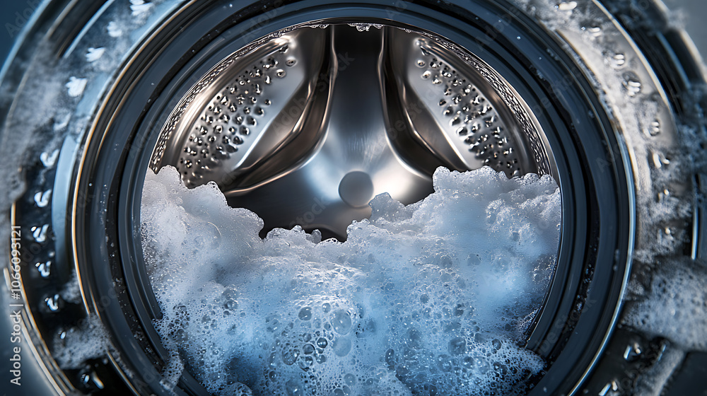 Poster front load washing machine overflowing with soap scum