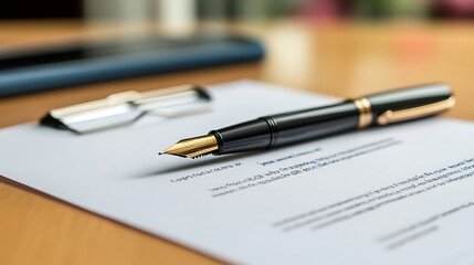 Fountain pen and proposal document on a desk with glass
