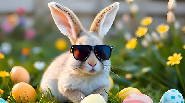 Chillin' Bunny Vibes: Join the Fun with Our Cool Easter Bunny Rocking Sunglasses, Surrounded by Colorful Eggs and Bright Flowers in this Heartwarming Spring Adventure!