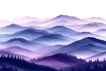 Obraz premium A breathtaking landscape featuring rolling purple mountains shrouded in mist, creating a serene and ethereal atmosphere against a pale sky.
