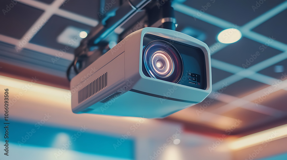 Poster excellent 4k projector mounted in the conference room ceiling with ample copy space, projector durin