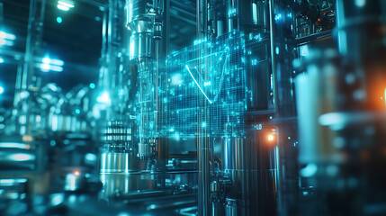 Energy-saving concepts and Industry 4,0, The energy icon and network are double exposed with the background of an oil refinery industry plant, industrial instruments in the factory