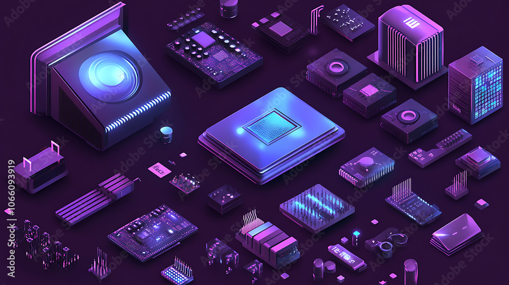 Poster electrical panels have an isometric shape, computer power diodes, semiconductors, and tiny chip vect