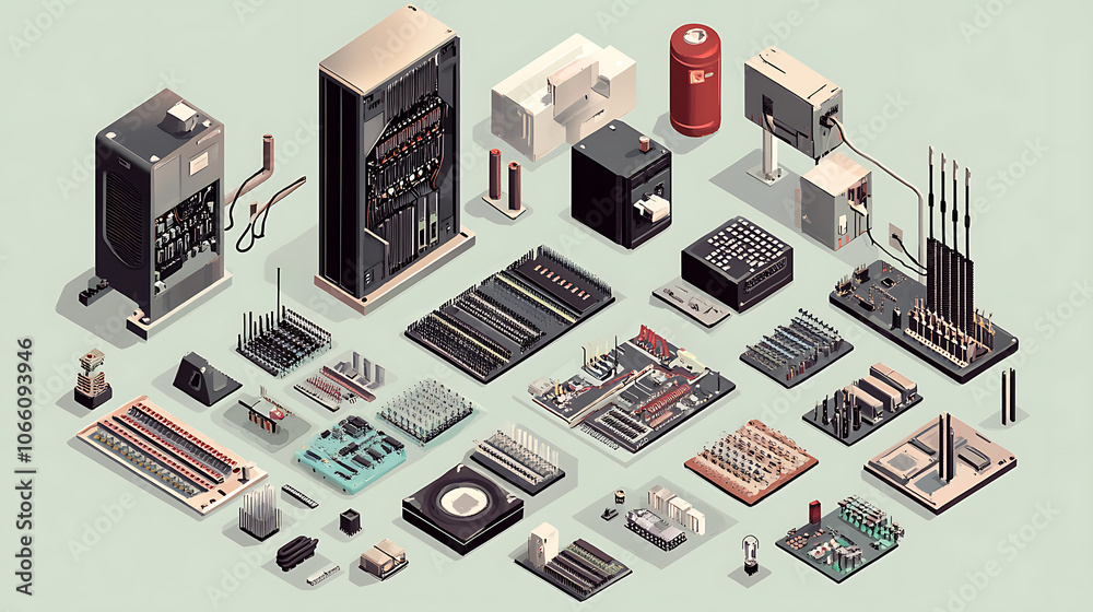 Poster electrical panels have an isometric shape, computer power diodes, semiconductors, and tiny chip vect