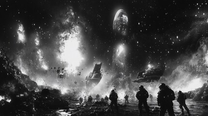 Fototapeta premium A group of people stand in front of a fiery, apocalyptic scene, staring up at a cosmic event in the night sky.