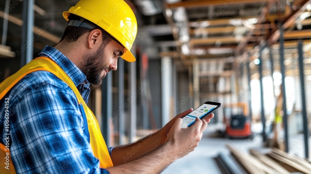 Poster construction worker using smartphone at a building site