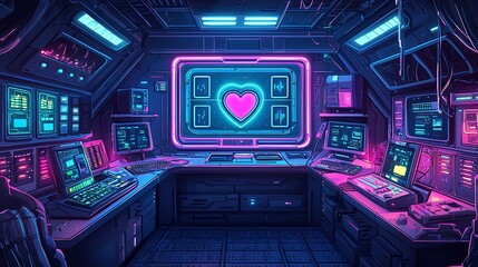 Obraz premium Futuristic Control Room with Neon Lights and Heart Symbol.