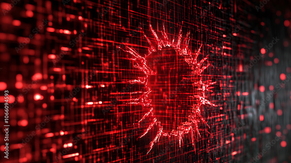 Leinwandbilder Digital screen with a red glowing crack, representing cybersecurity breach or data leak risk in modern technologies