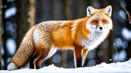 Obraz premium Majestic red fox in snowy forest landscape capturing winter tranquility