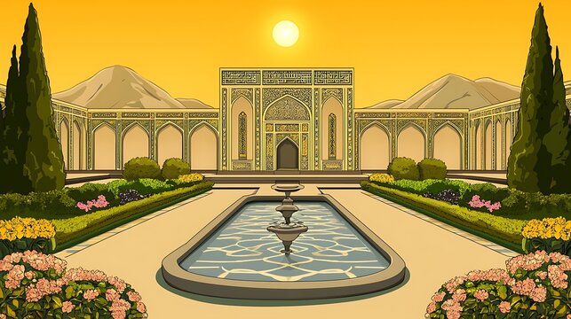 An Islamic Garden Courtyard with a Fountain and a View of the Mountains.