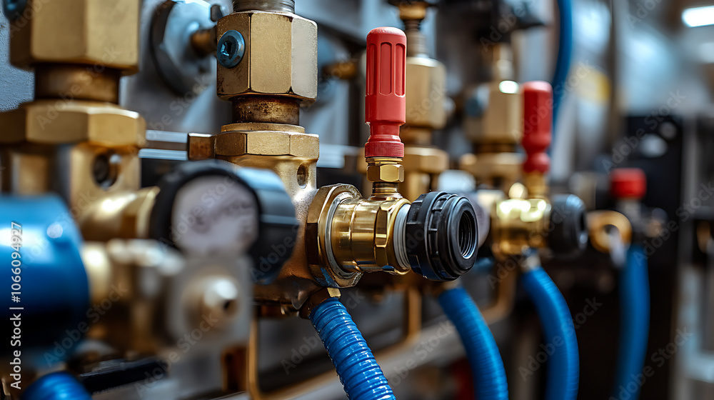 Poster close-up view of industrial pneumatic tools connected to a compressed air system, with hoses and val