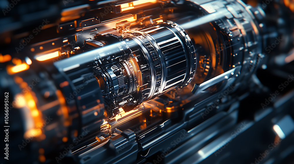 Aufkleber close-up of a sleek, modern automatic transmission with a complex array of gears, wires and hydrauli