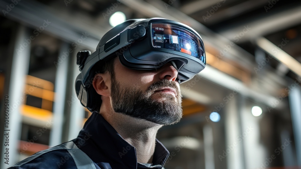 Poster a man wearing augmented reality glasses in a factory setting