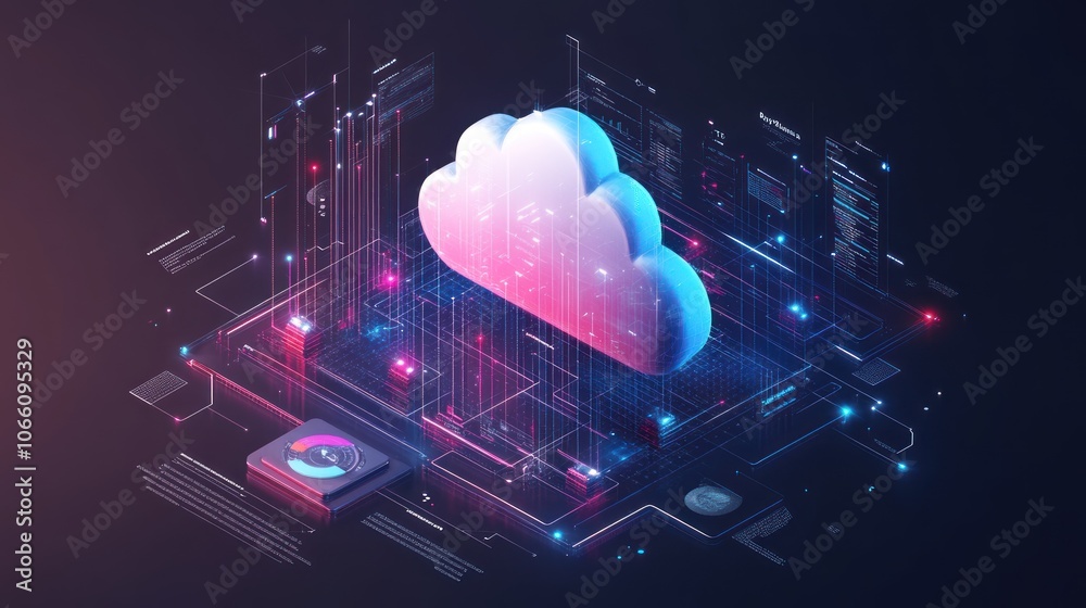 Poster A 3D Cloud Computing Network Illustration with Data and Servers